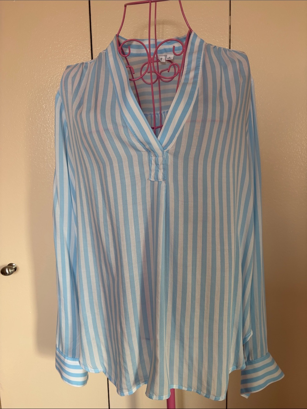 GAP Blue and White Vertical Stripe Cold-Shoulder Blouse